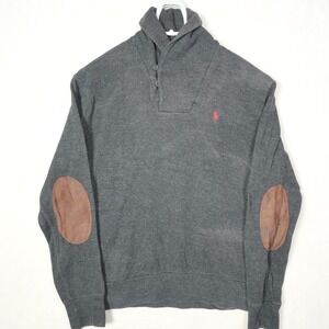 Polo Ralph Lauren Quarter 1/4 Button Mock Neck‎ Sweater Gray Elbow Pads Men's L